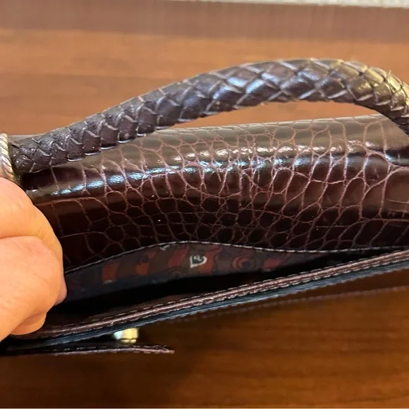 🌟7xHP🌟VTG 90s Brighton Croco Embossed Brown & Black Leather Organizer Wallet Bag - Picture 13 of 15